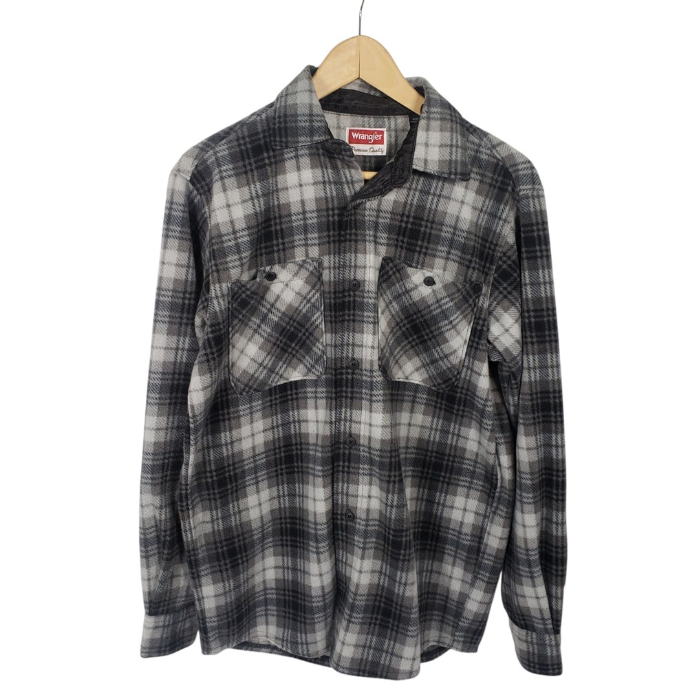 Wrangler Premium Quality Mens Gray Plaid Flannel Shirt Button Down Small
